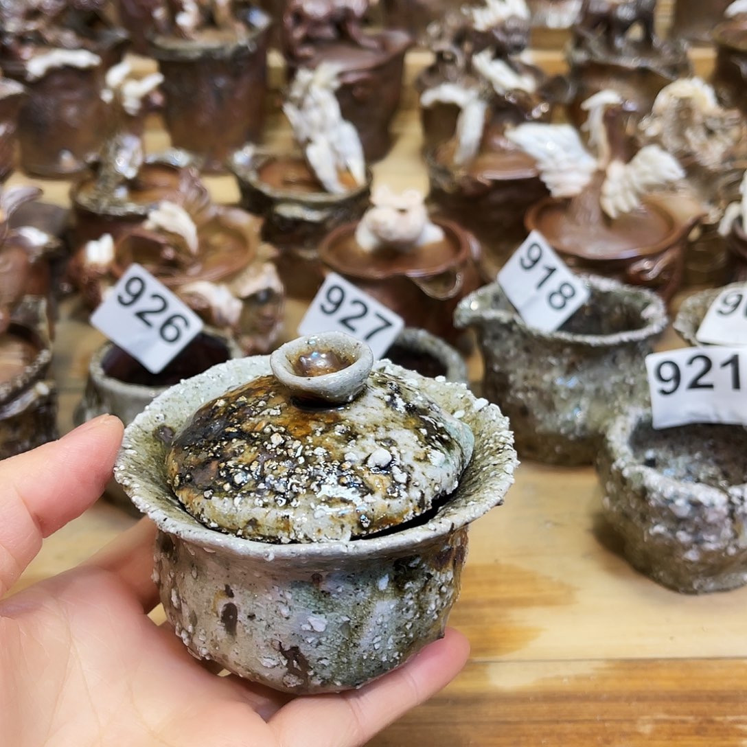 瓶柴烧石头手捏复烧盖碗特价