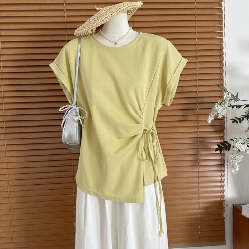 卡莲格/法式不规则纯棉短袖t恤女夏季2025新款高级感修身绑带上衣