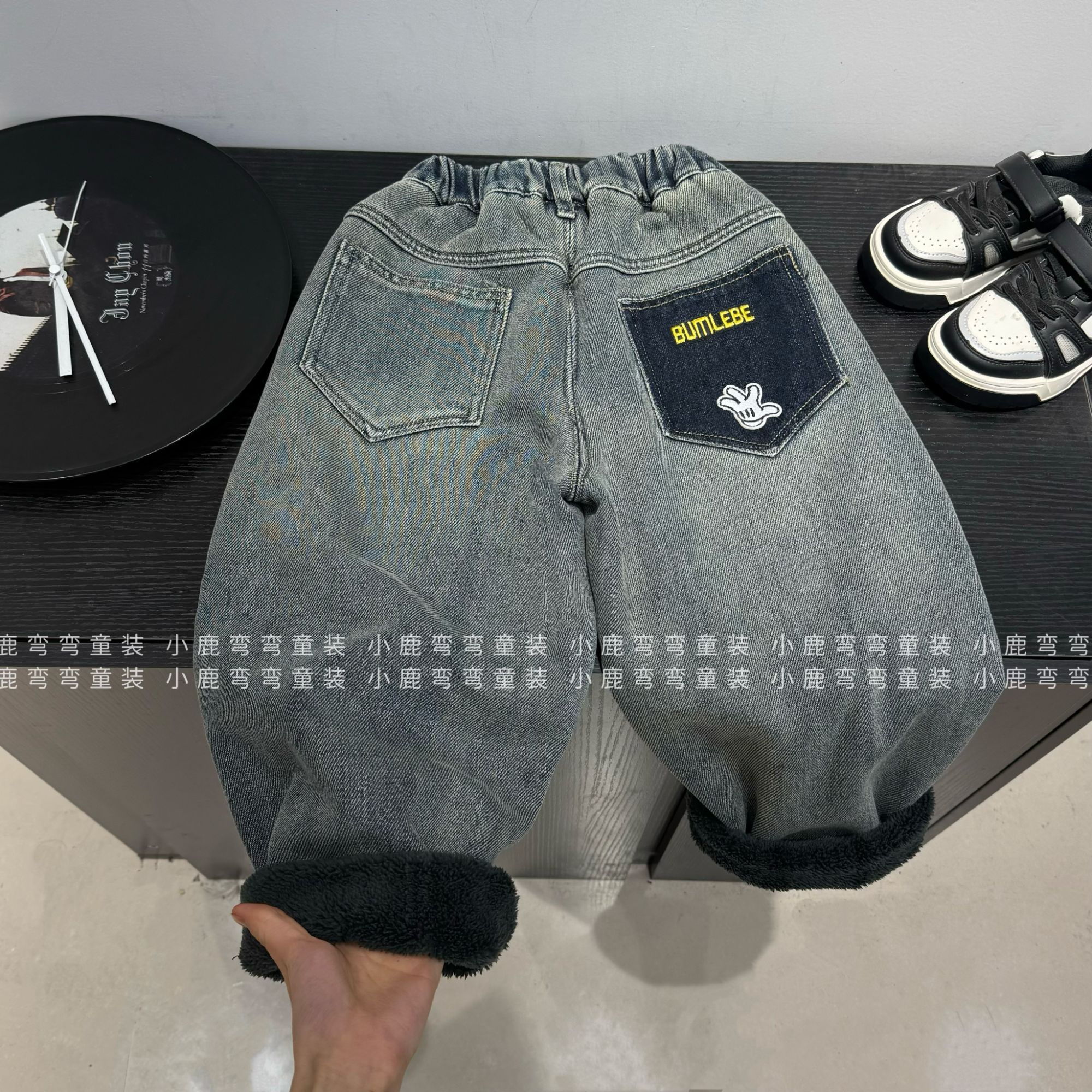 D25003男童加绒冬装裤子米奇手套糕糕绒加厚牛仔裤