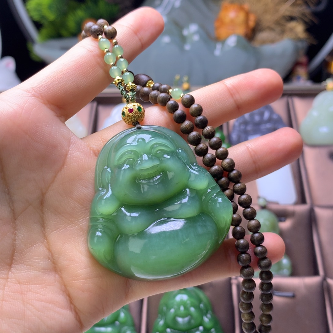 和田玉未镶嵌颈饰50粉绿猫眼碧玉厚16加