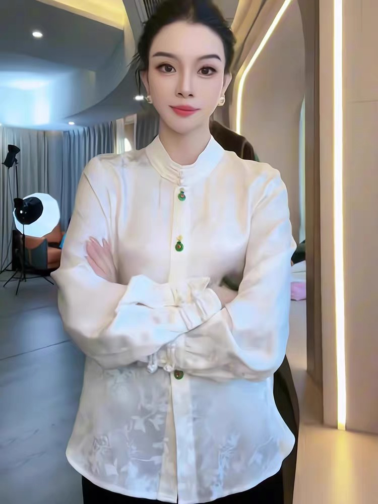 新中式立领提花长袖对襟女士衬衫如意扣设计时尚国风上衣