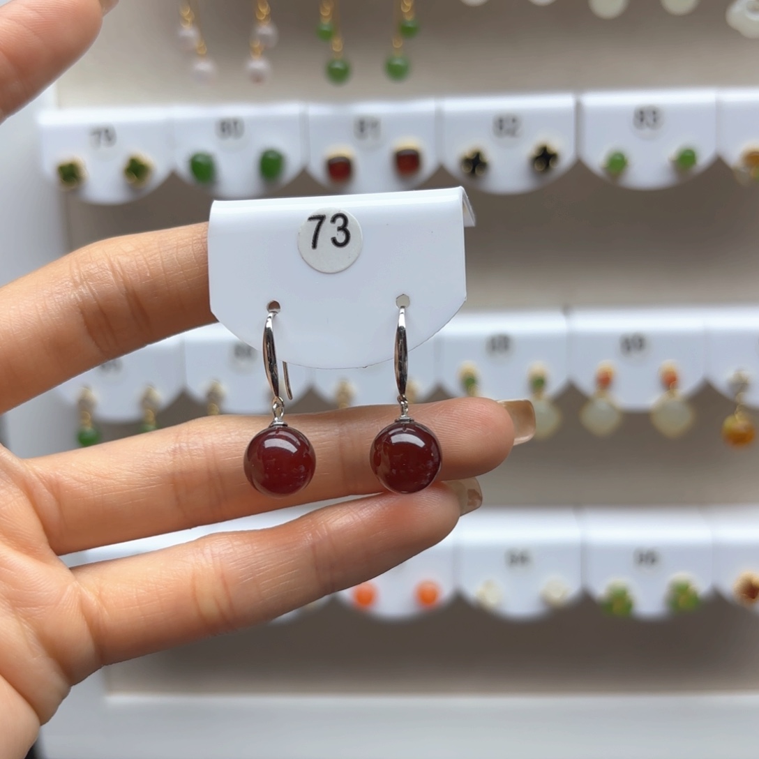 银S925镶嵌琥珀耳饰血珀