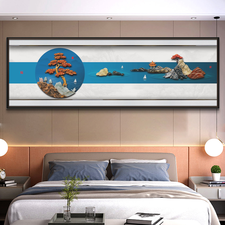 九头鸟手工玉雕画《湖光山色》150x50