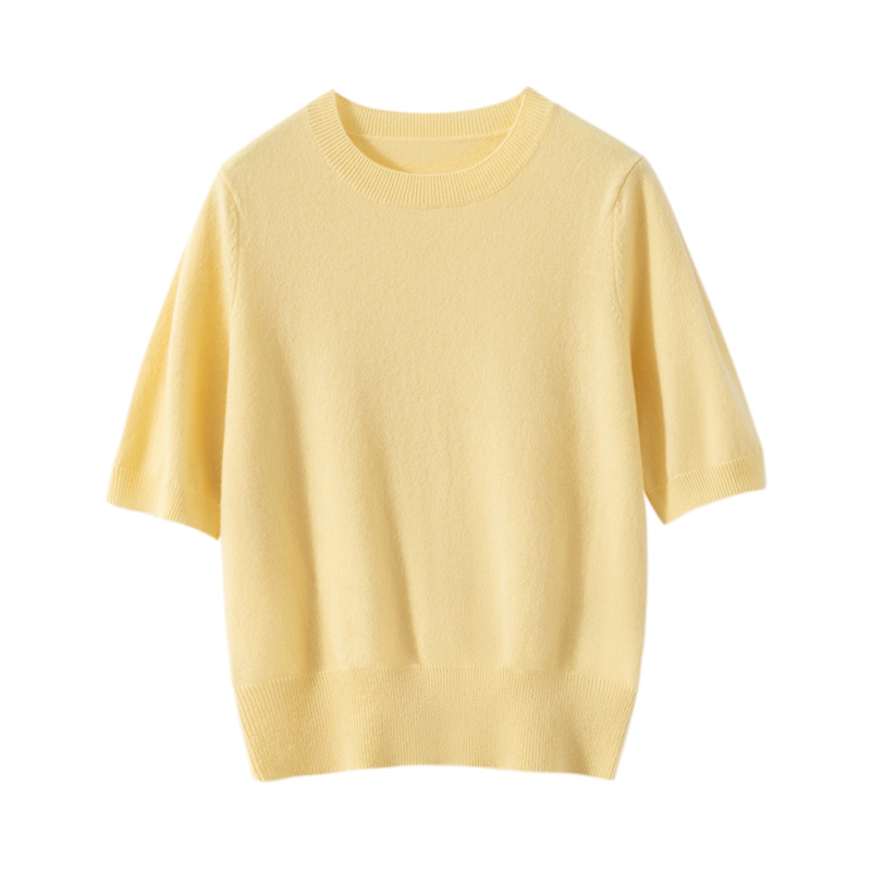 25新款100%山羊绒女款泡泡袖常规款宽松型圆领纯色半袖羊绒衫薄款