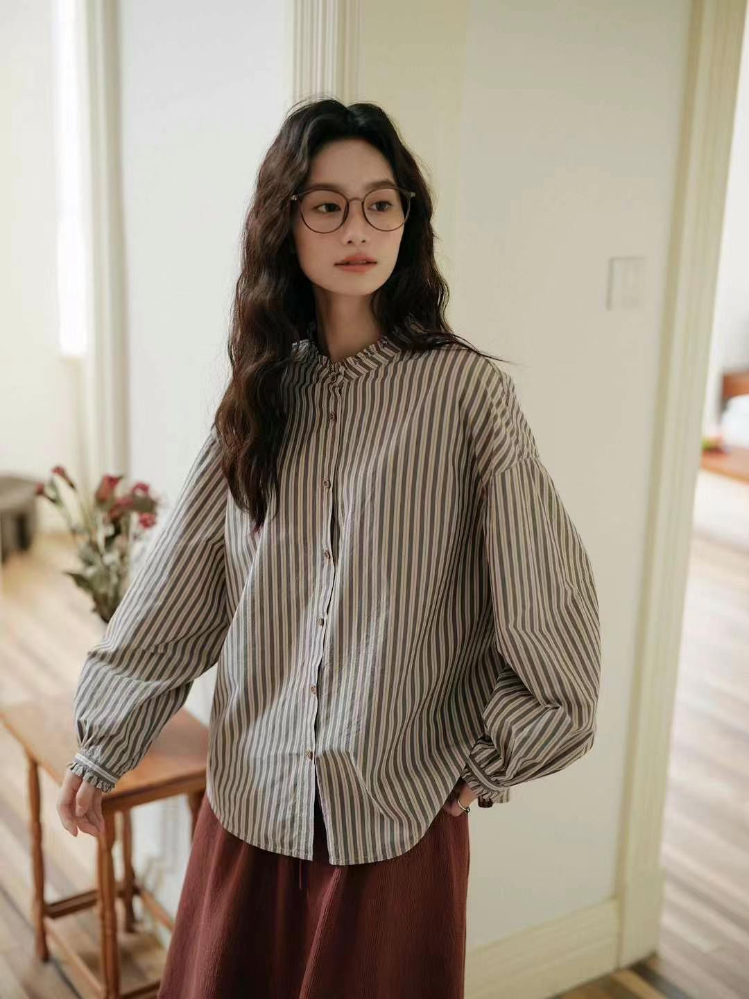 文艺风条纹衬衫女长袖宽松显瘦休闲百搭上衣纯棉6805