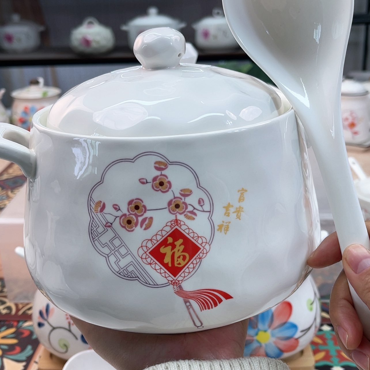 【闪购商品】瓷3斤石纹猪油罐福 无孔带勺