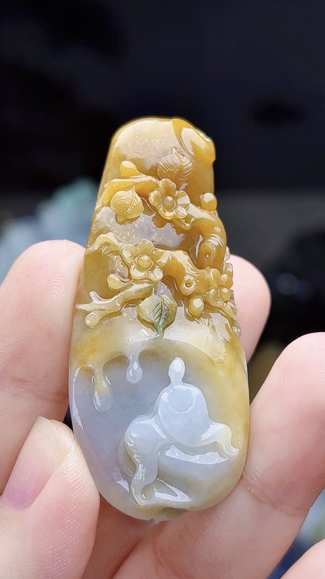 天然缅甸翡翠毛货特色黄翡花开见佛买断需抛光尺寸60-25-11