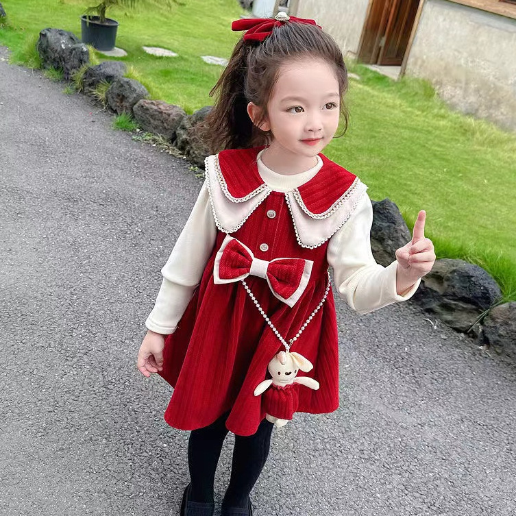 红色女孩娃娃领背心裙卡通秋冬甜美洋气女童连衣裙打底衫公主裙D