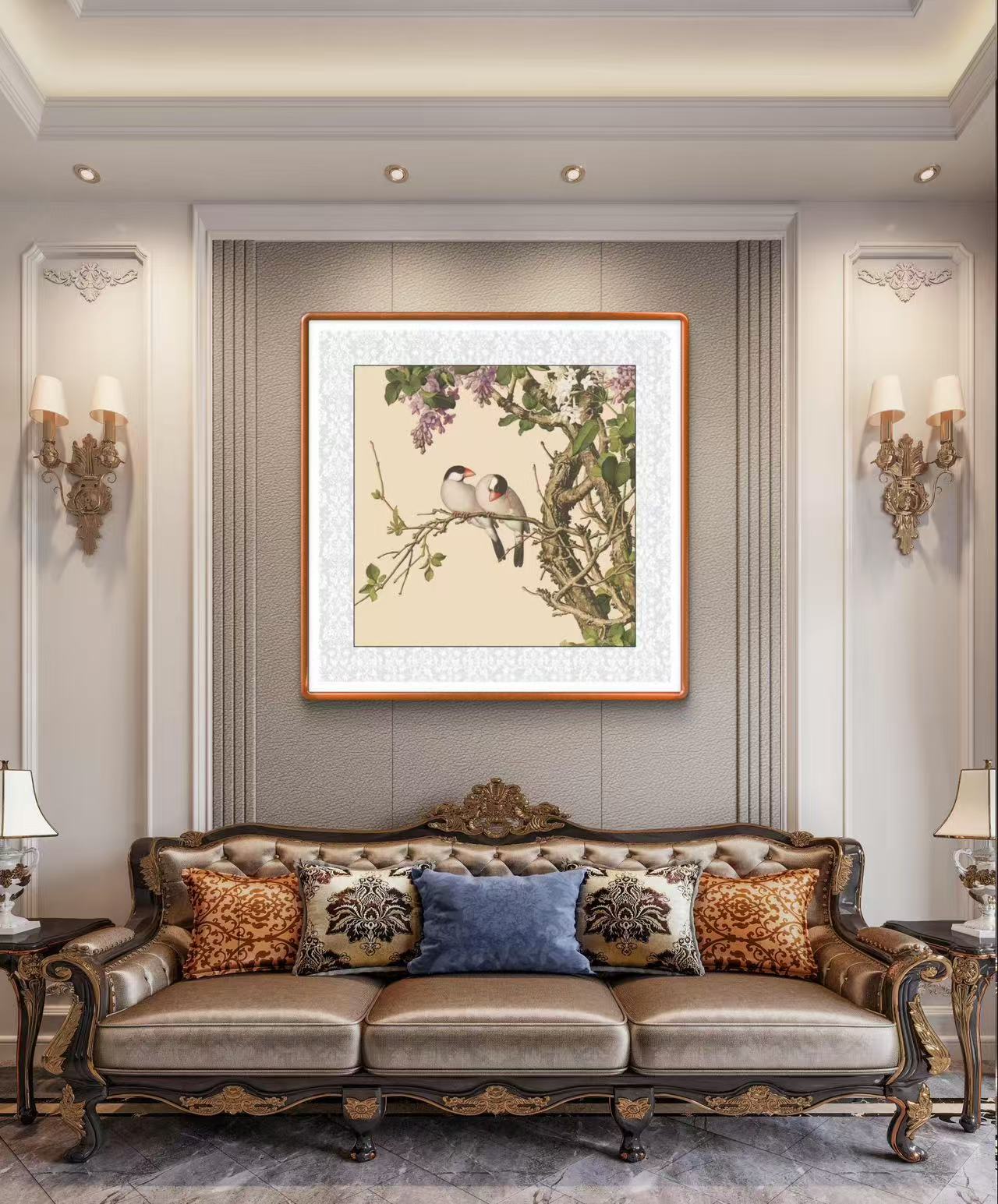 《花鸟图》55X55实木榫卯画框高端客厅卧室玄关办公室装饰画挂画