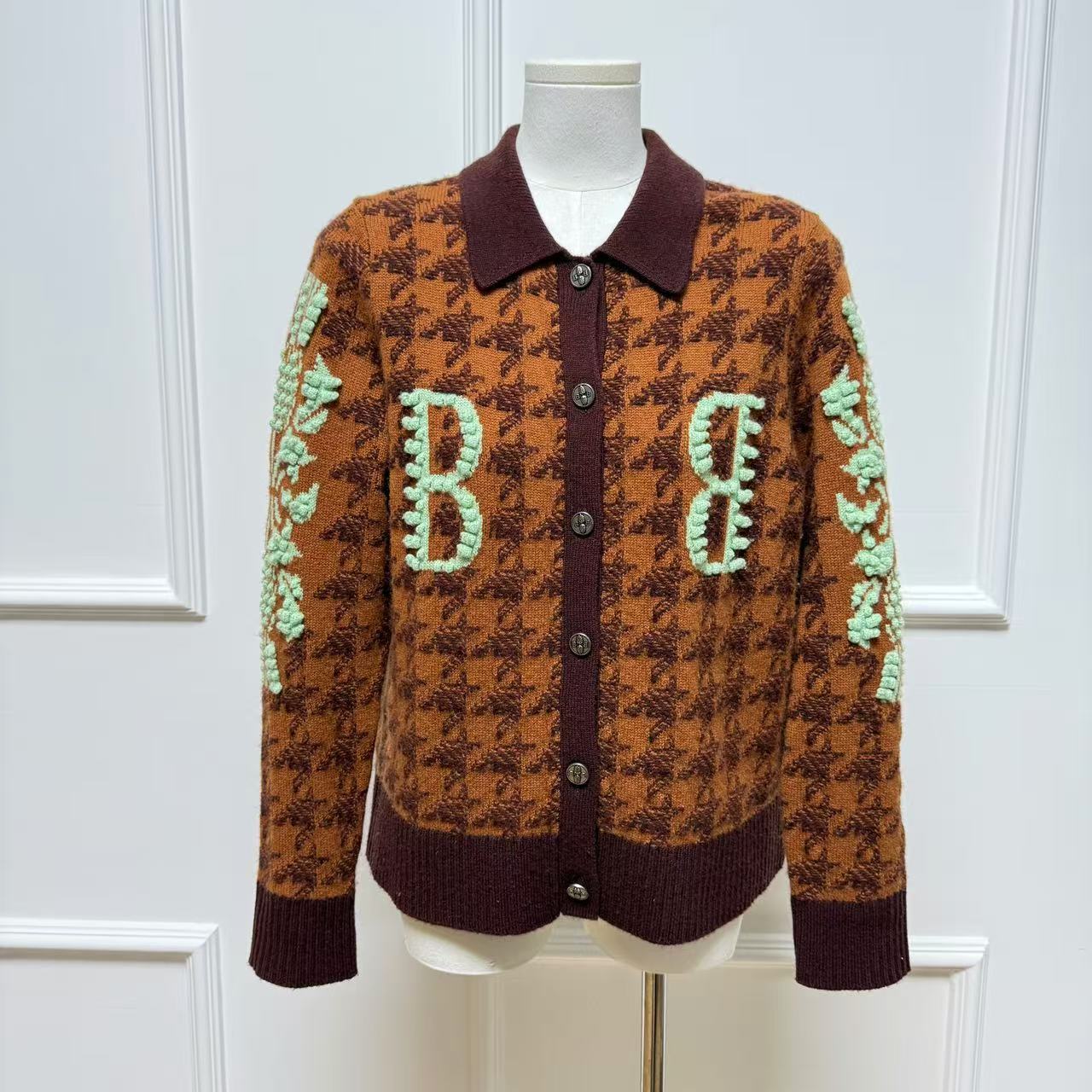 【Latti】BA千鸟格- 高奢提花千鸟格拼色羊绒开衫针织翻领秋冬