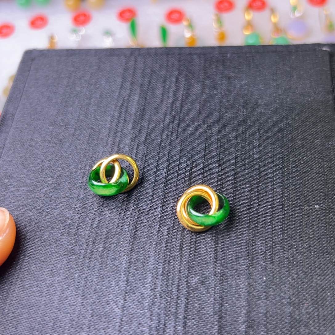 翡翠耳饰18K金镶嵌李*三环扣