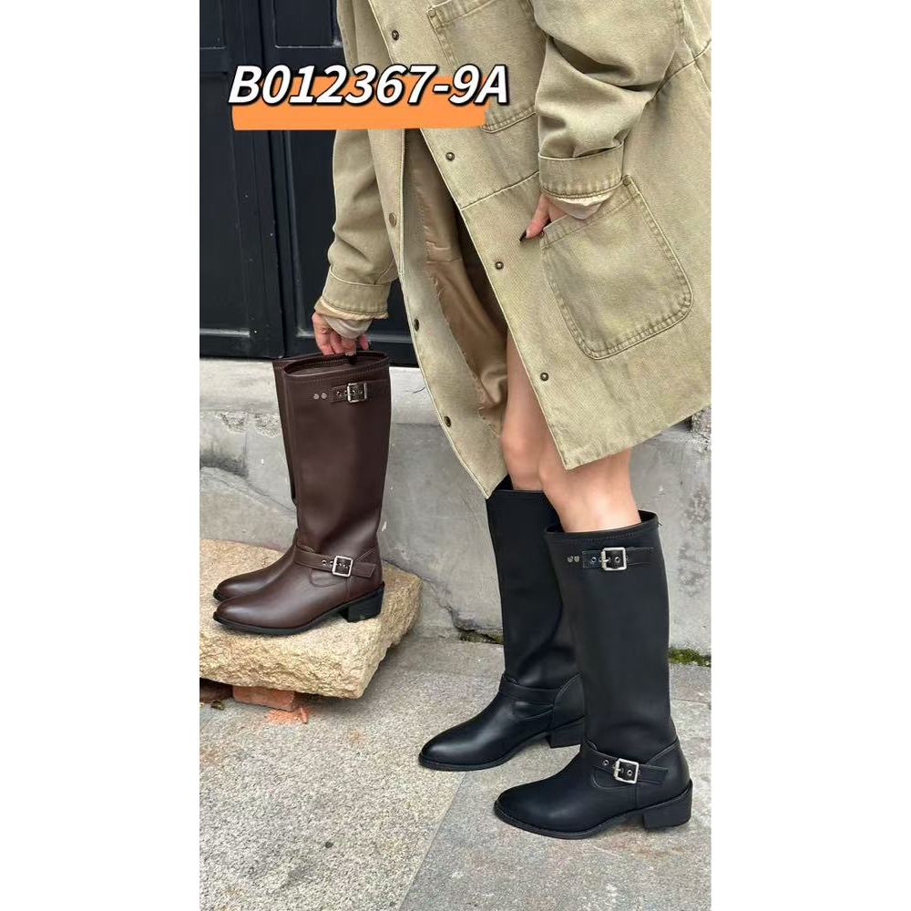 B012367-9A高筒不过膝皮带扣大筒围粗跟长筒靴