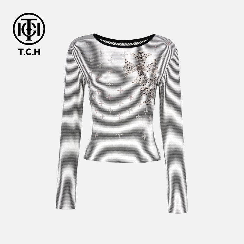 TCH私服烫钻工艺时尚休闲简约修身长袖T恤女T75C08E5011轻奢tch