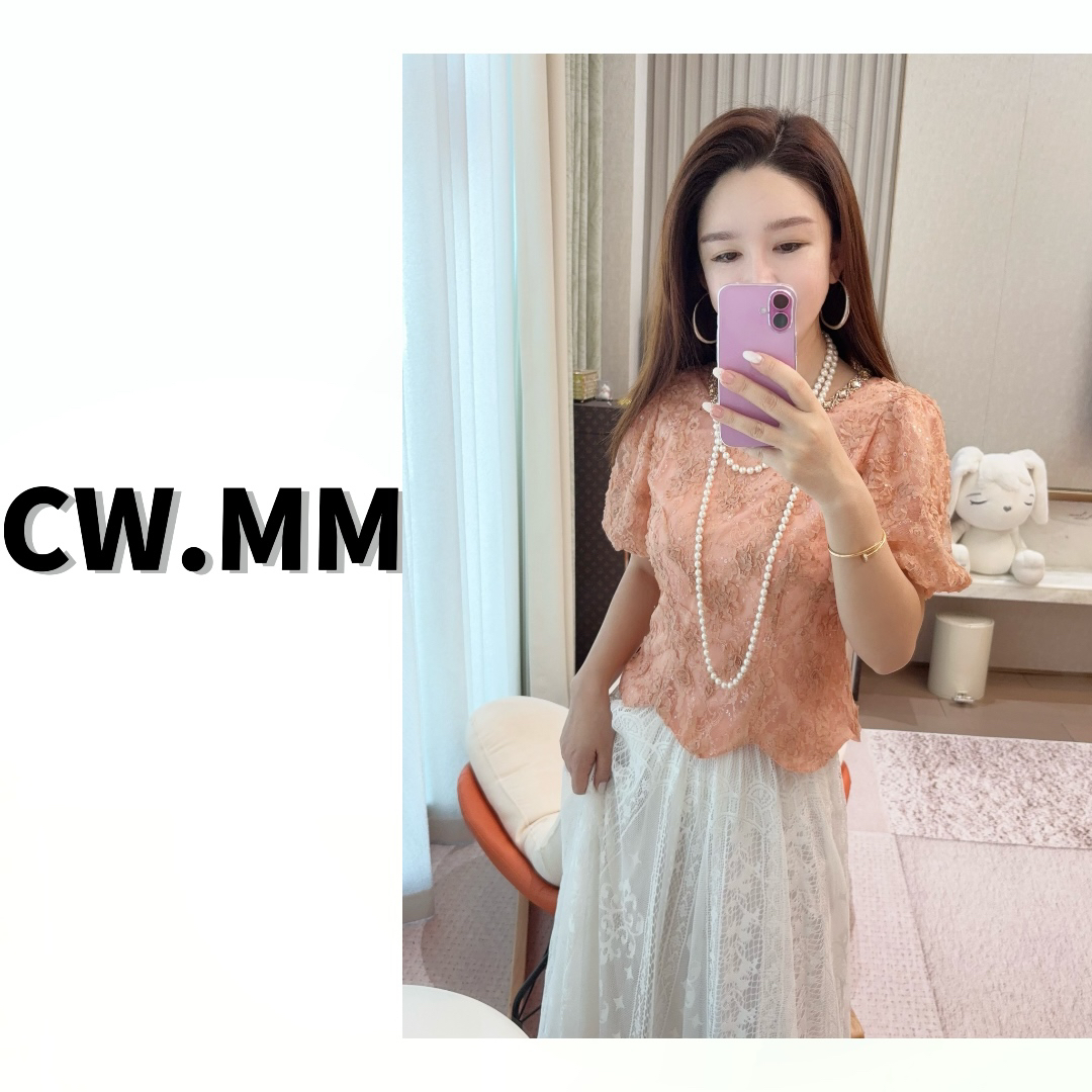 CW.MM 夏季温柔订珠泡泡袖显瘦上衣