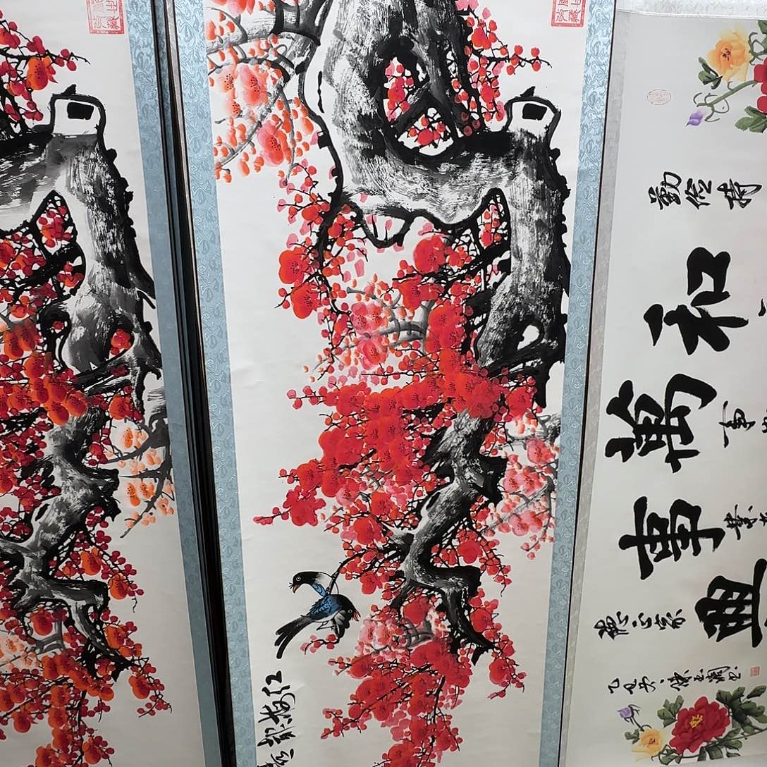 书法红梅报喜梅花