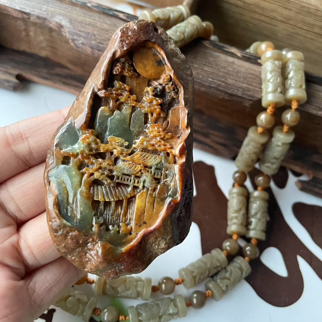 河磨玉山水挂件吊坠项链天然玉石手工雕刻全壳