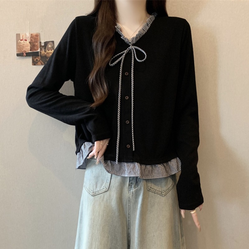 大码假两件木耳边格子拼接V领针织衫女春秋胖MM百搭显瘦长袖上衣