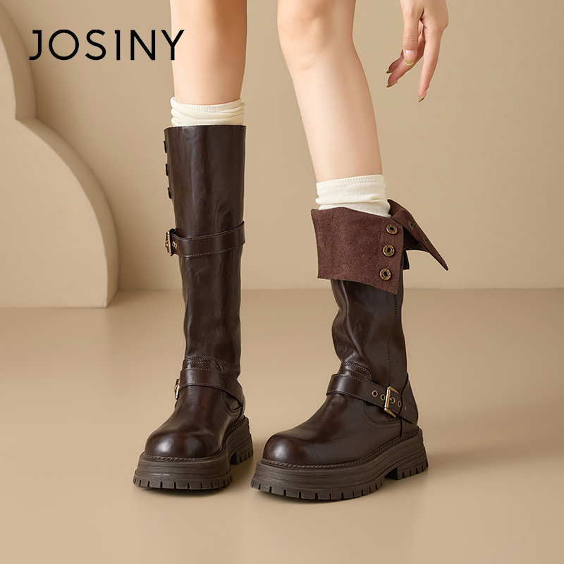 卓诗尼时装靴中筒女靴高筒靴过膝女鞋秋冬中筒厚底时尚百搭英伦风