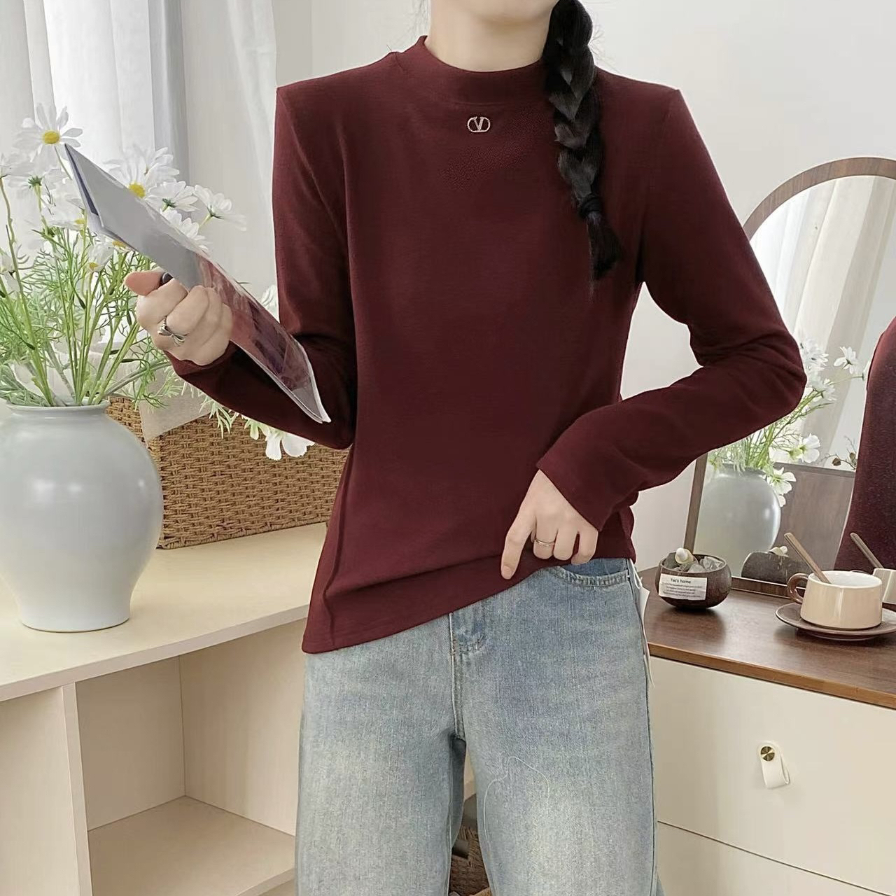806加厚半高领打底衫女秋冬保暖显瘦长袖内搭上衣