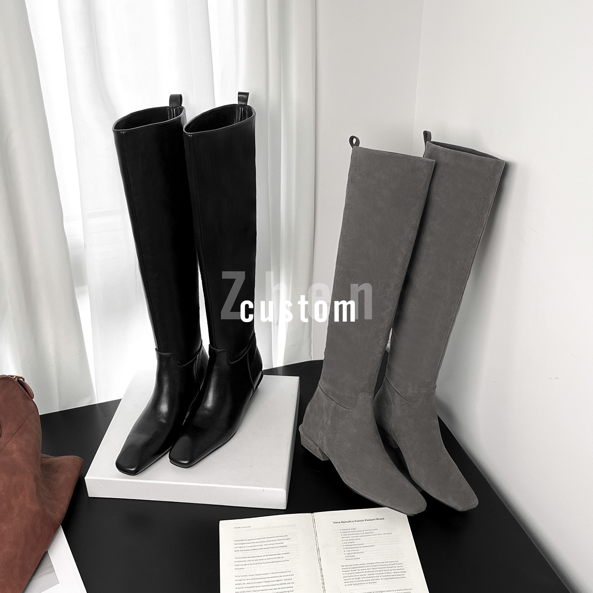 ZZ【爵】及膝靴3cm（47cm筒高）粗跟尖方头拼接百搭显瘦及膝靴