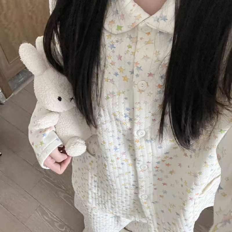 冬季加厚新款保暖睡衣套装学生可爱风奶白星星长袖可外穿家居服女