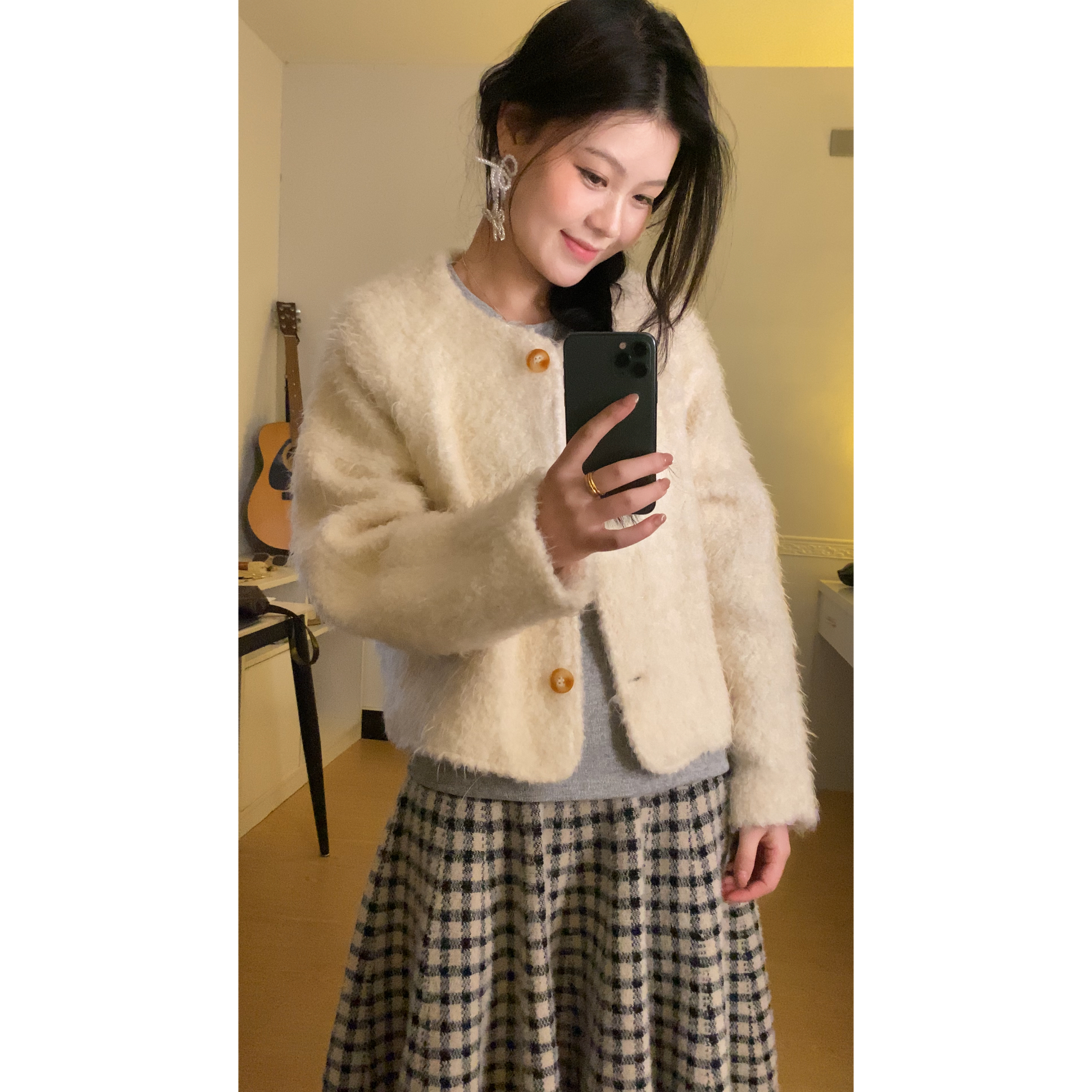 SNOW 法式温柔气质宽松圆领毛感小香风羊毛纯色外套