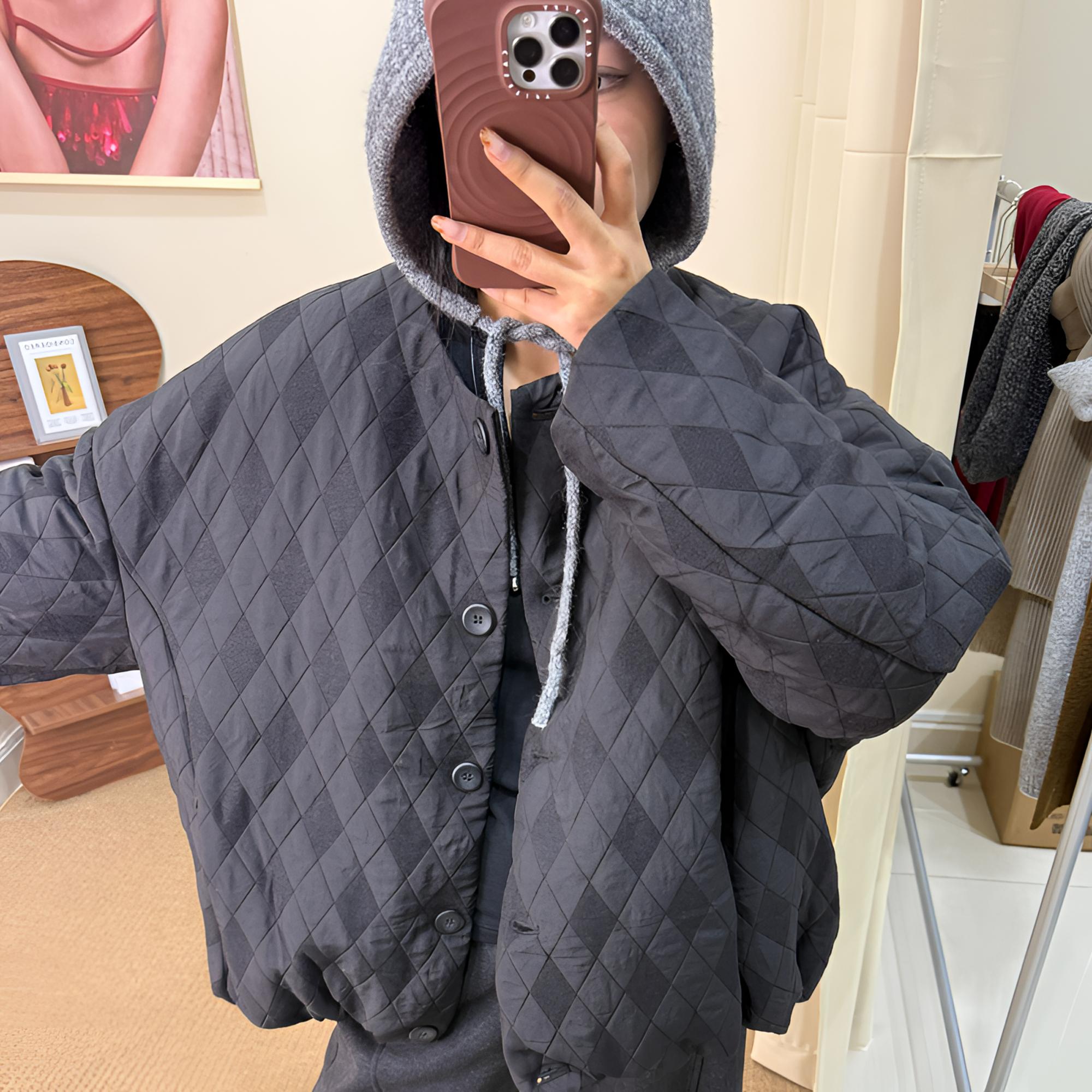 【穆子.Muzzi】短款圆领薄款落肩袖蝙蝠衫款羽绒服加厚外套菱格时尚