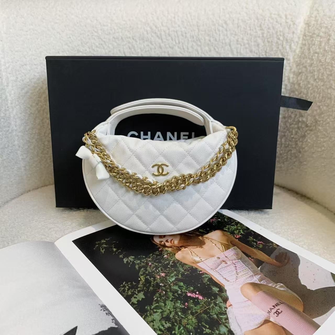 99新 Chanel/香奈儿 壹臻/白金蝴蝶结双链条呼啦圈包 91398952