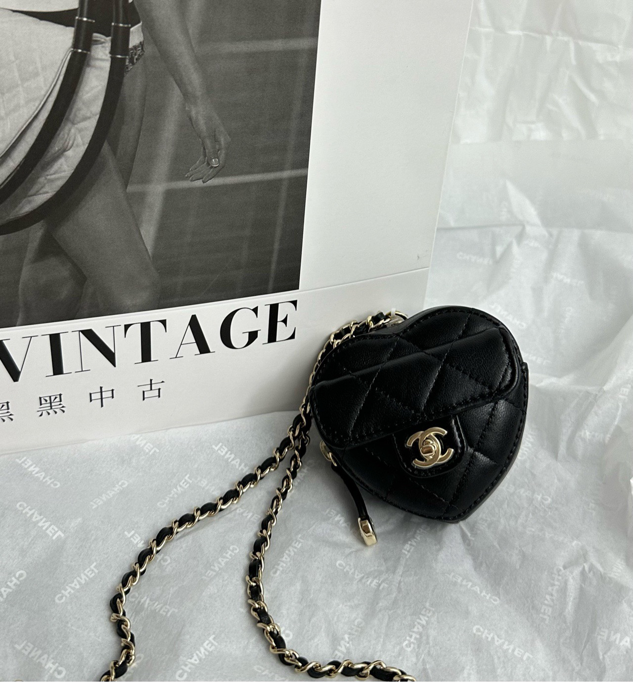 95新 Chanel/香奈儿 黑金爱心项链包 32开  4532911