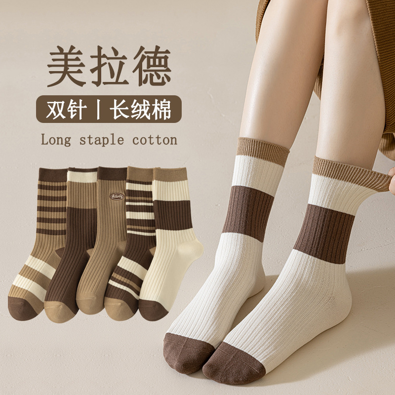 双针袜子女春秋中筒袜棉袜 女士美拉德复古刺绣长袜