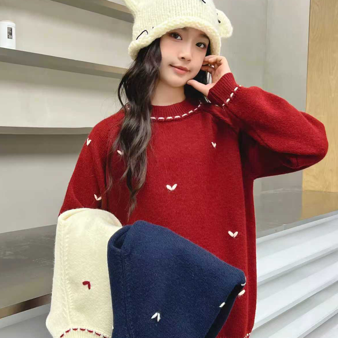 韩系圆领针织少女秋冬宽松百搭长袖毛衣外套手工爱心款工厂直销