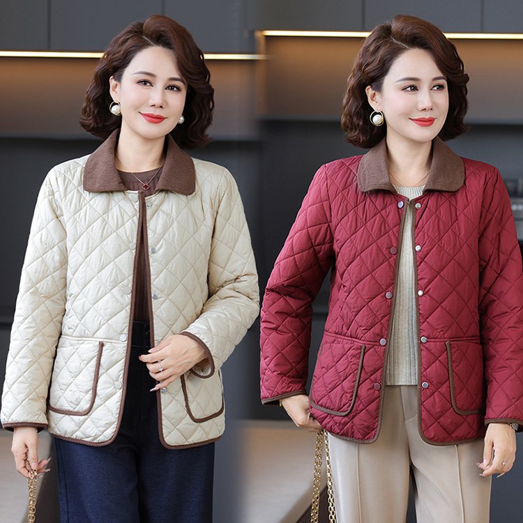 2025秋季新款时尚轻薄菱格加棉宽松型修身型中老年棉服气质女装