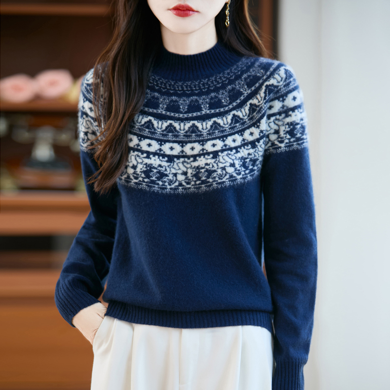 重工提花100%纯羊毛衫半高领针织打底衫女秋冬费尔岛加厚宽松毛衣