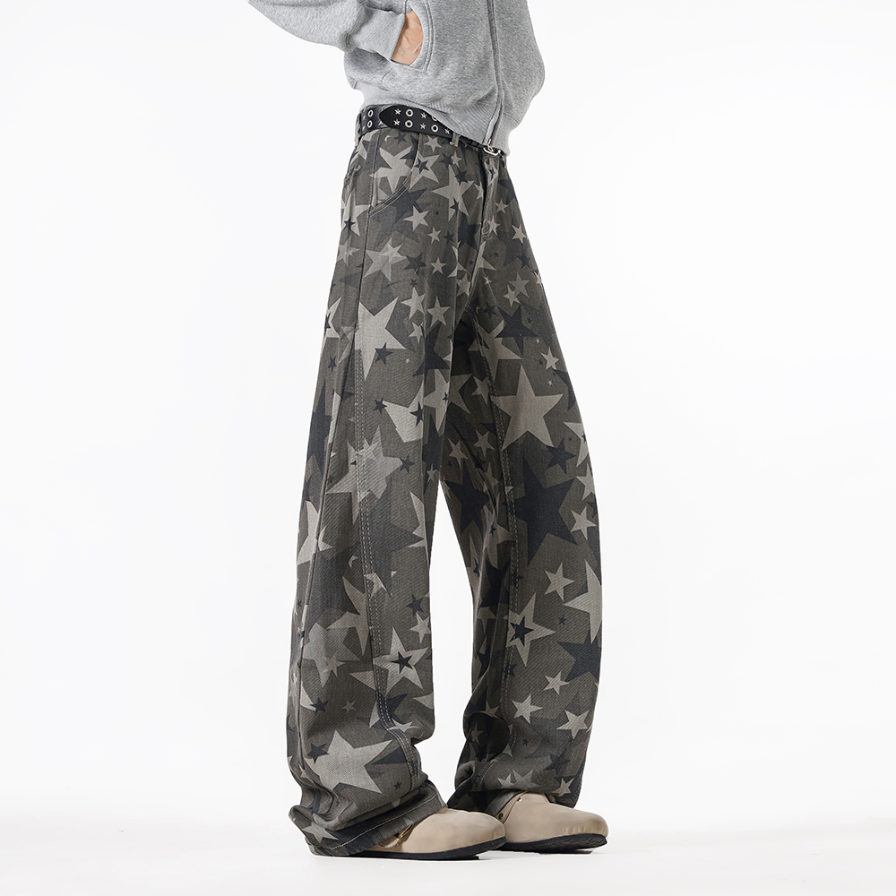 秋冬迷彩满印牛仔裤美式高街潮流垂感显瘦直筒宽松经典百搭休闲裤