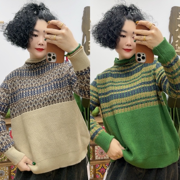 【木木推荐】2504#堆堆领半花纹针织衫