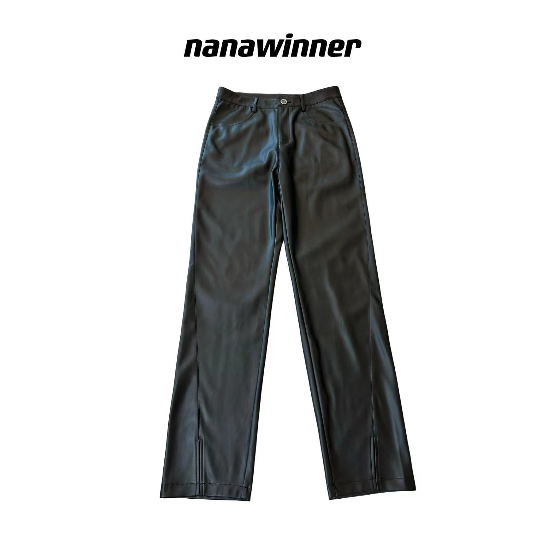 nanawinner-【超模皮裤】爆款皮裤女外穿高腰裤脚开叉机车风直筒裤