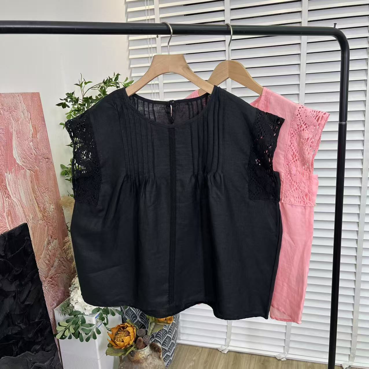 日系品质「水洗麻料拼接花边」套头薄款衬衫女E5649