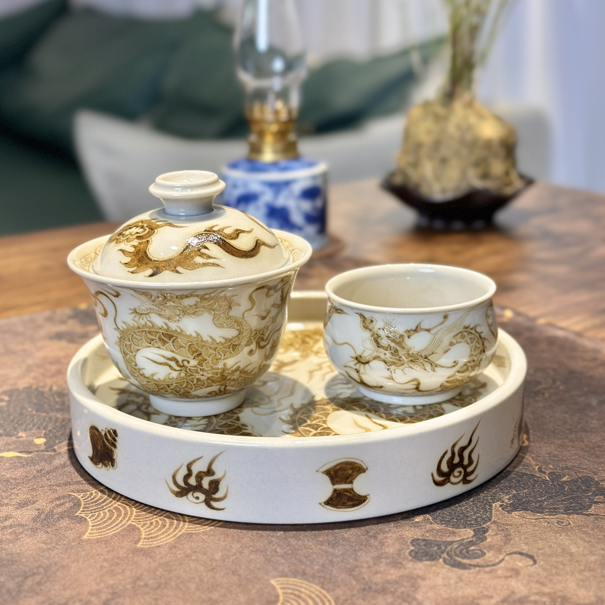 景德镇立勤堂手工手绘青花釉里金双龙精美高档精致陶瓷茶具套装