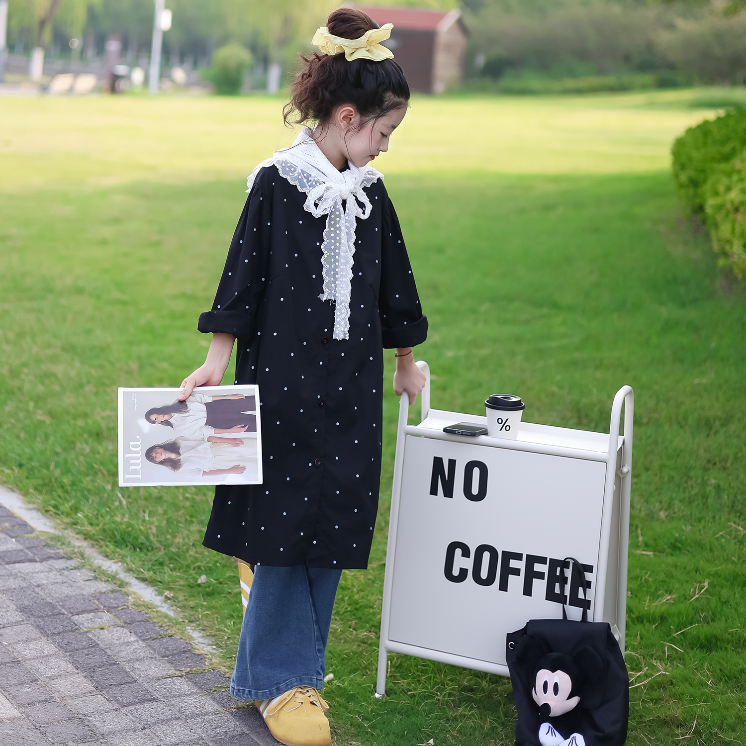 儿童衬衫女2025新款秋季女童长款衬衣洋气波点宽松秋装上衣外套