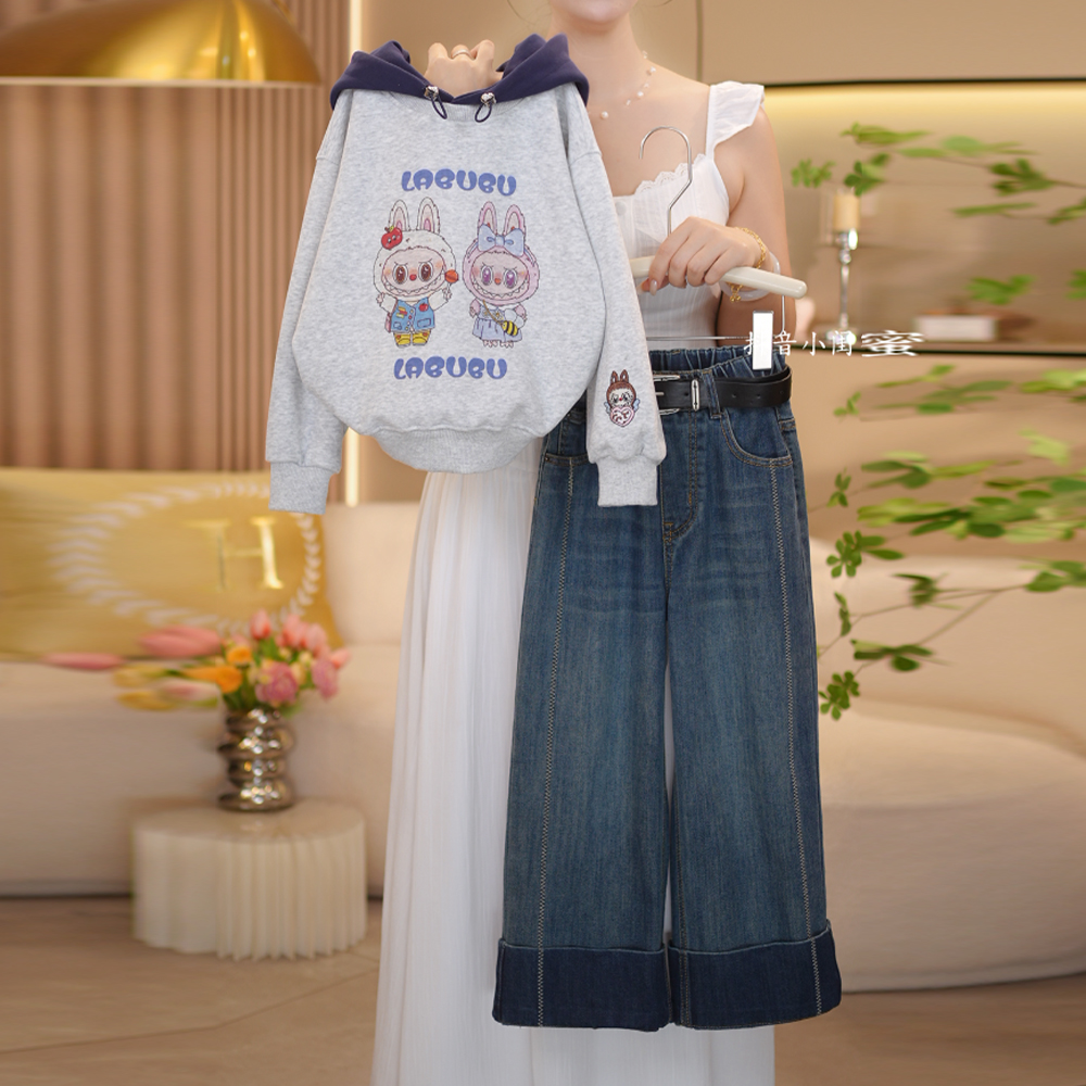 【闺蜜家】女童秋季2025新款时尚韩系卡通连帽卫衣+牛仔裤套装-8682