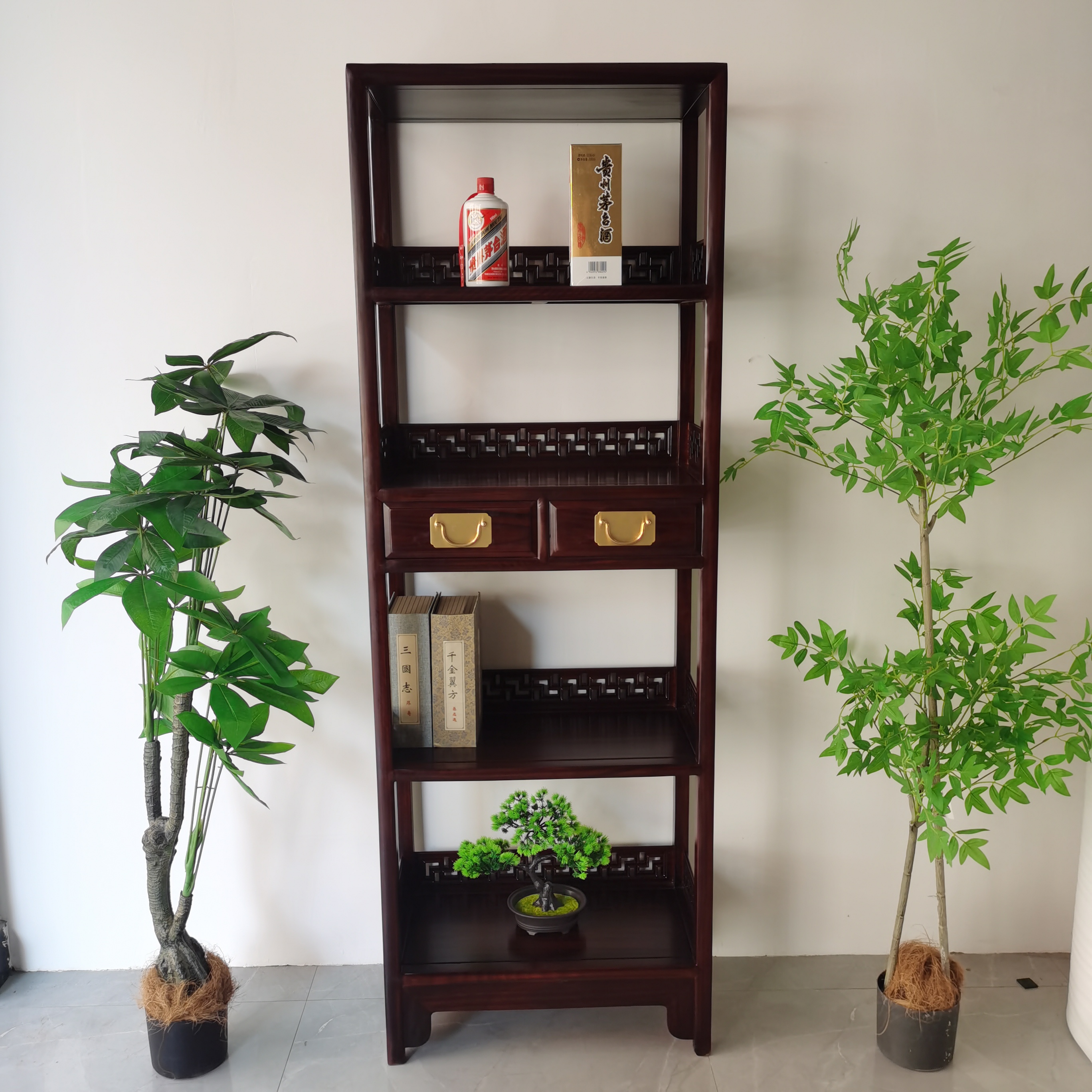 长62宽33高178黑酸枝中式多层书架展示置物柜全原木