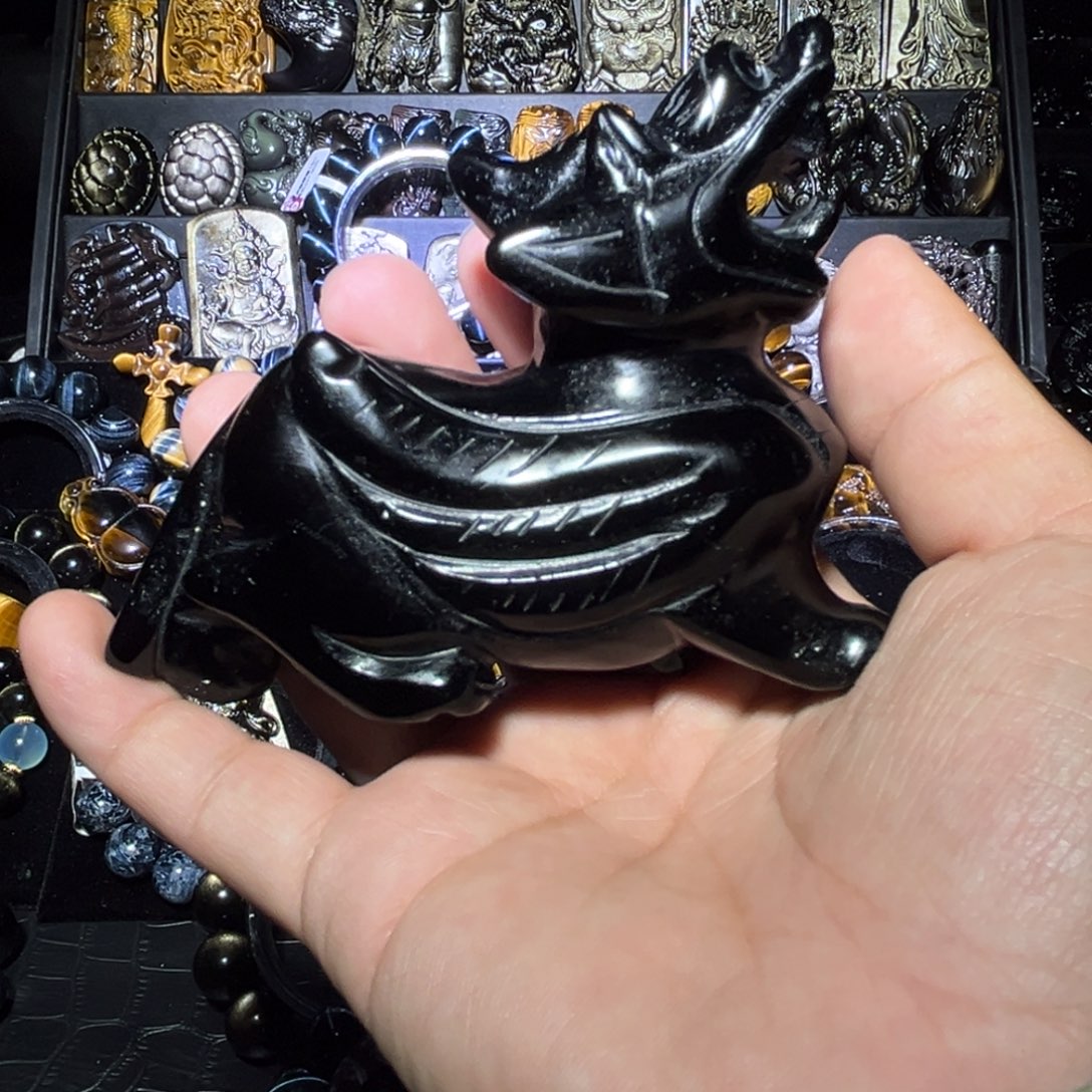 未镶嵌黑曜岩手链夏**安天然乌金黑曜石貔犰摆件10公分