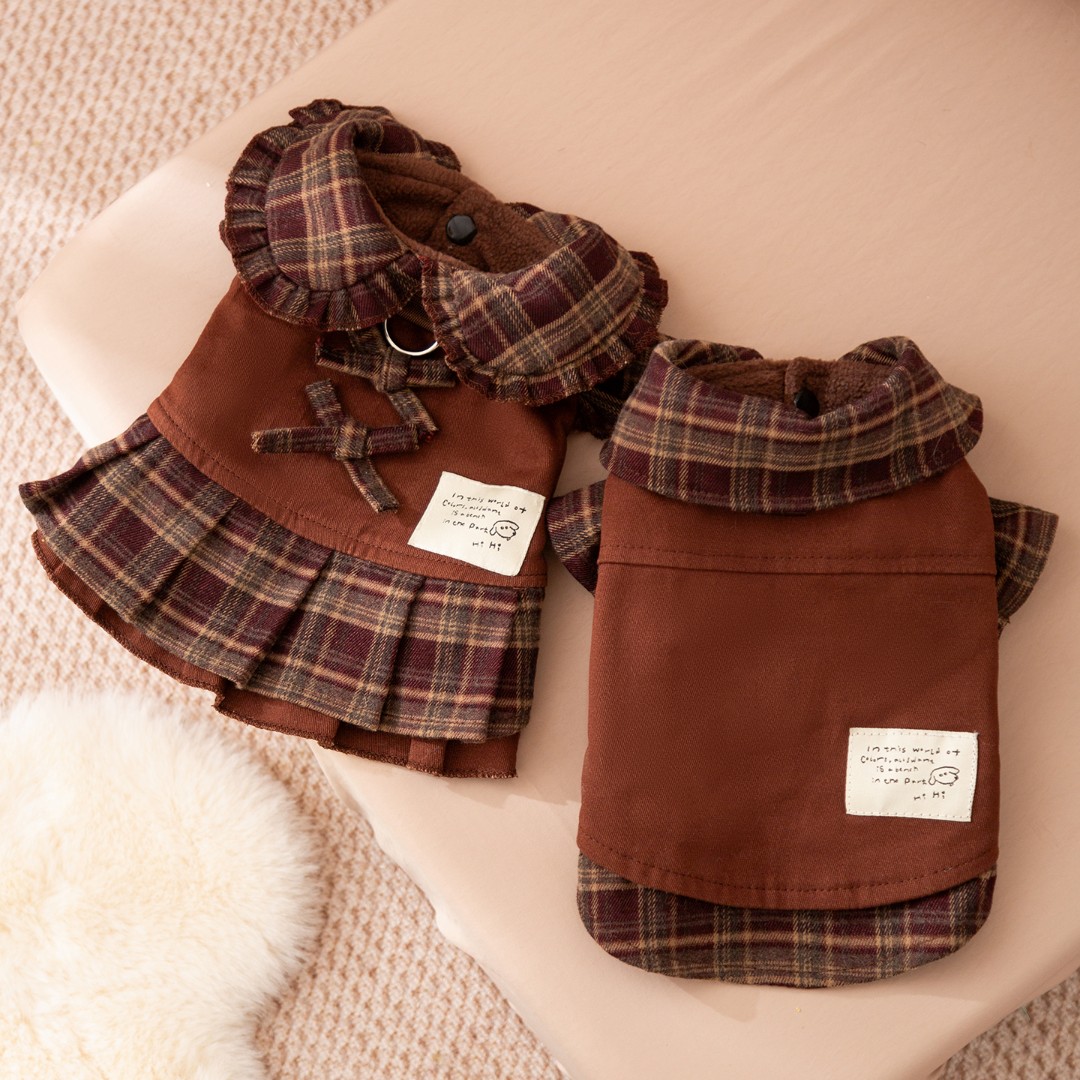 小狗狗衣服美拉德格纹情侣装约克夏小型犬秋冬季薄绒宠物服装0620