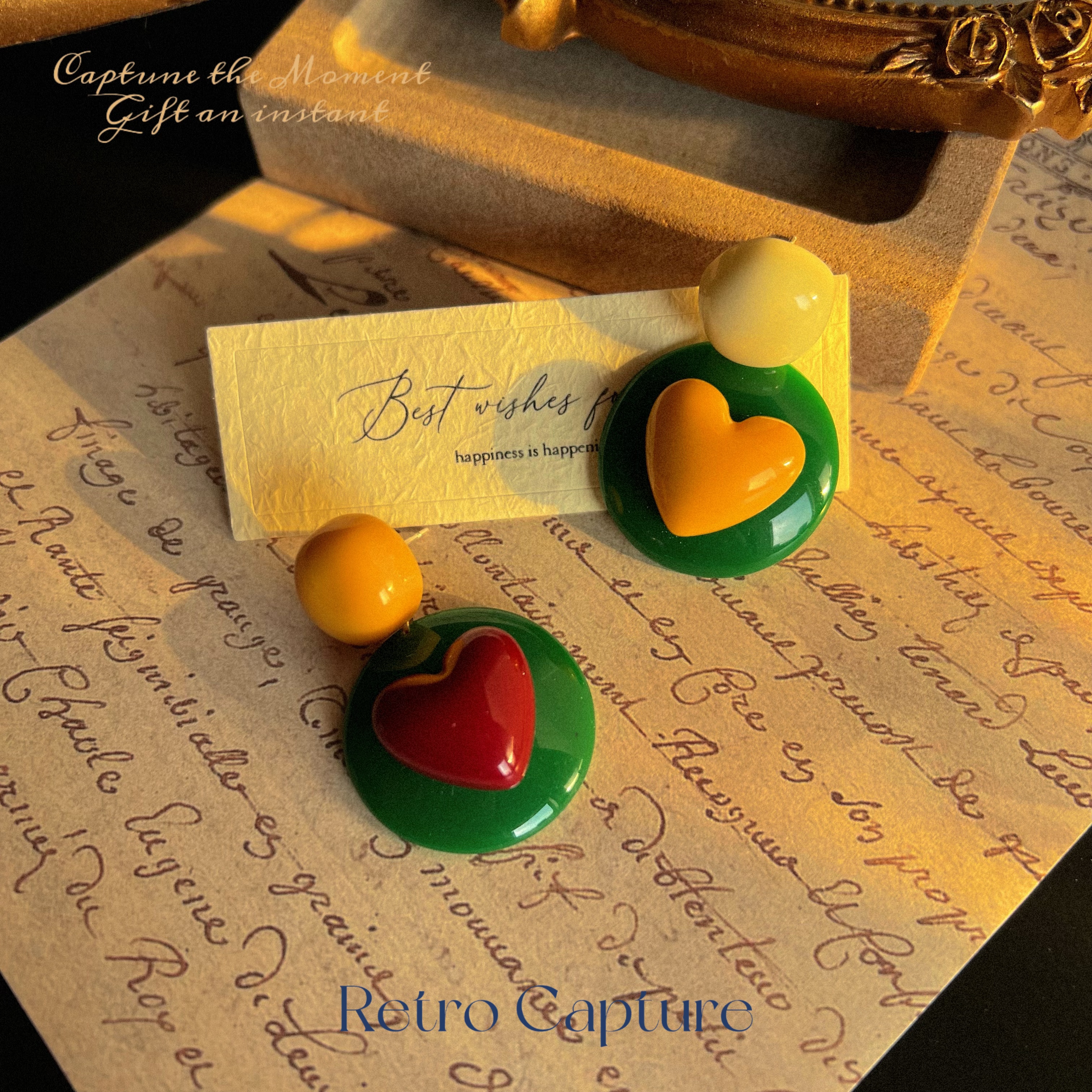 铜合金耳饰 【奥德赛】撞色复古耳饰爱心心形可爱耳环女