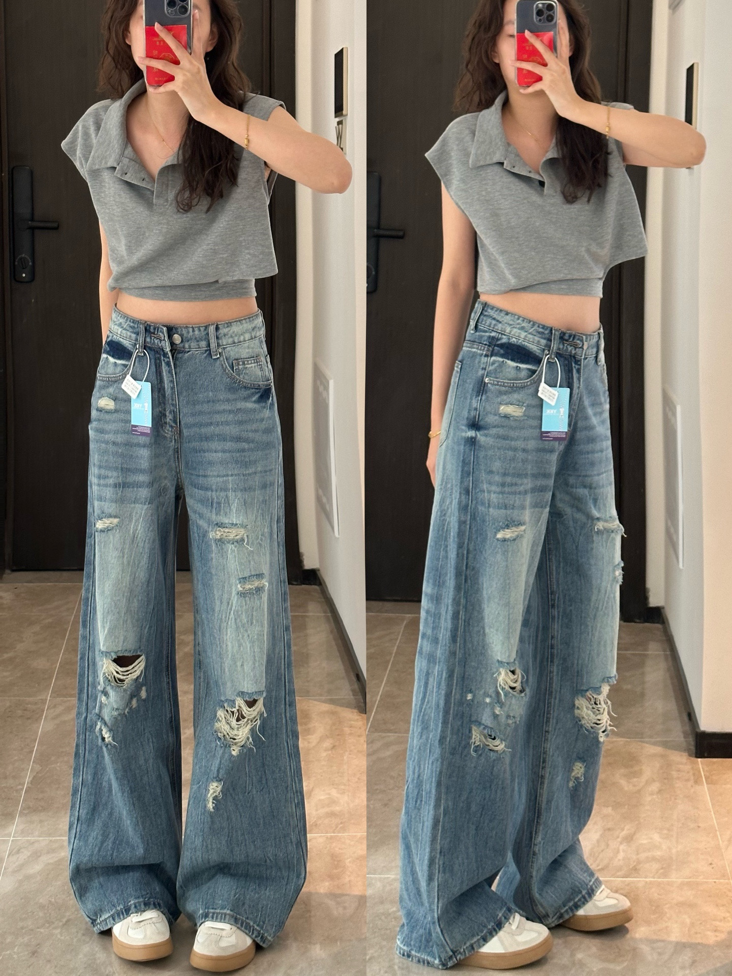 【酷酷是我】琨儿2025春夏薄款破洞设计软牛仔裤直筒阔腿皮牌裤子