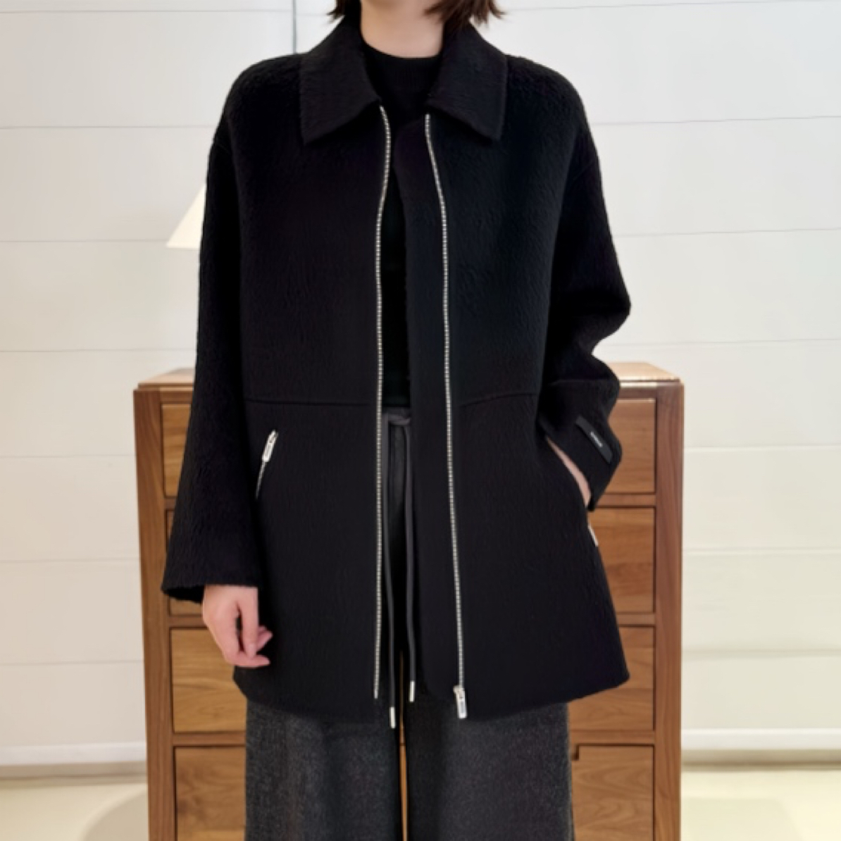 纯色简单时尚休闲外套牛仔式耐看拉链双面直筒中长款大衣加厚