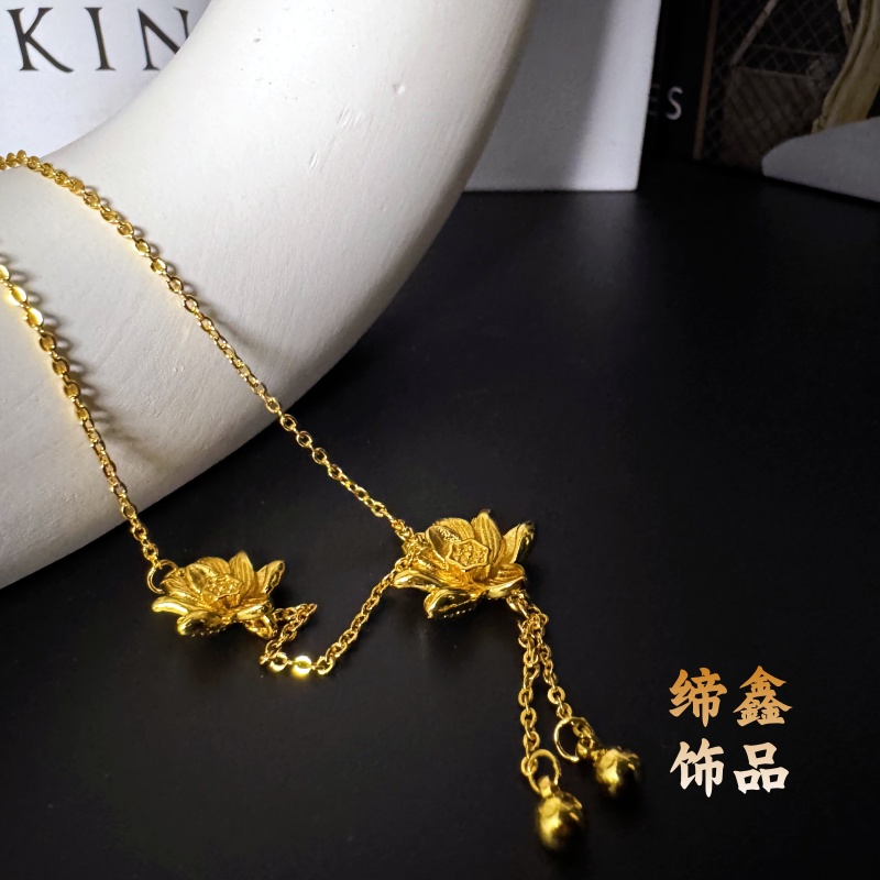 铜合金项链 新中式国风金色荷花流苏吊坠项链轻奢宫廷风小众独特