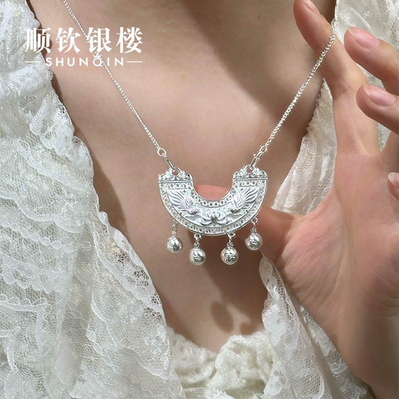 顺钦银楼 坠链均足银 【一鹭莲生套链】足银999新中式设计感套链
