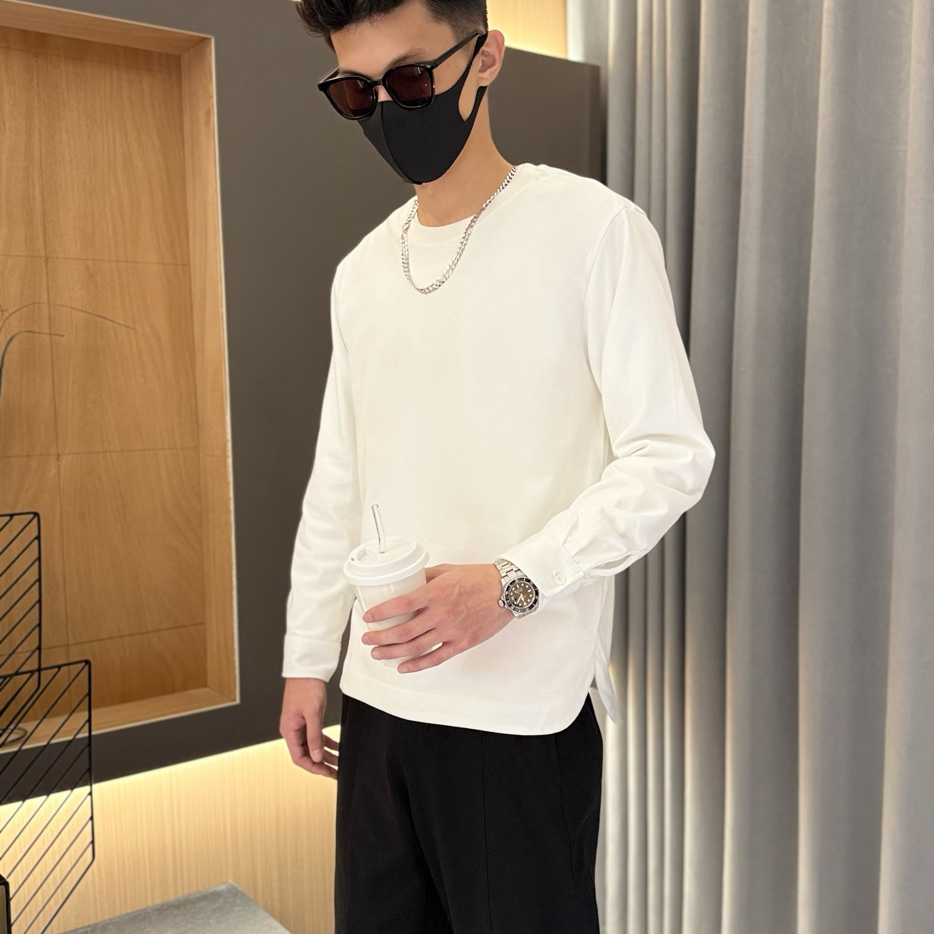 秋冬爆款纯色宽松打底衫时尚设计感时尚长袖纯棉休闲百搭男装上衣