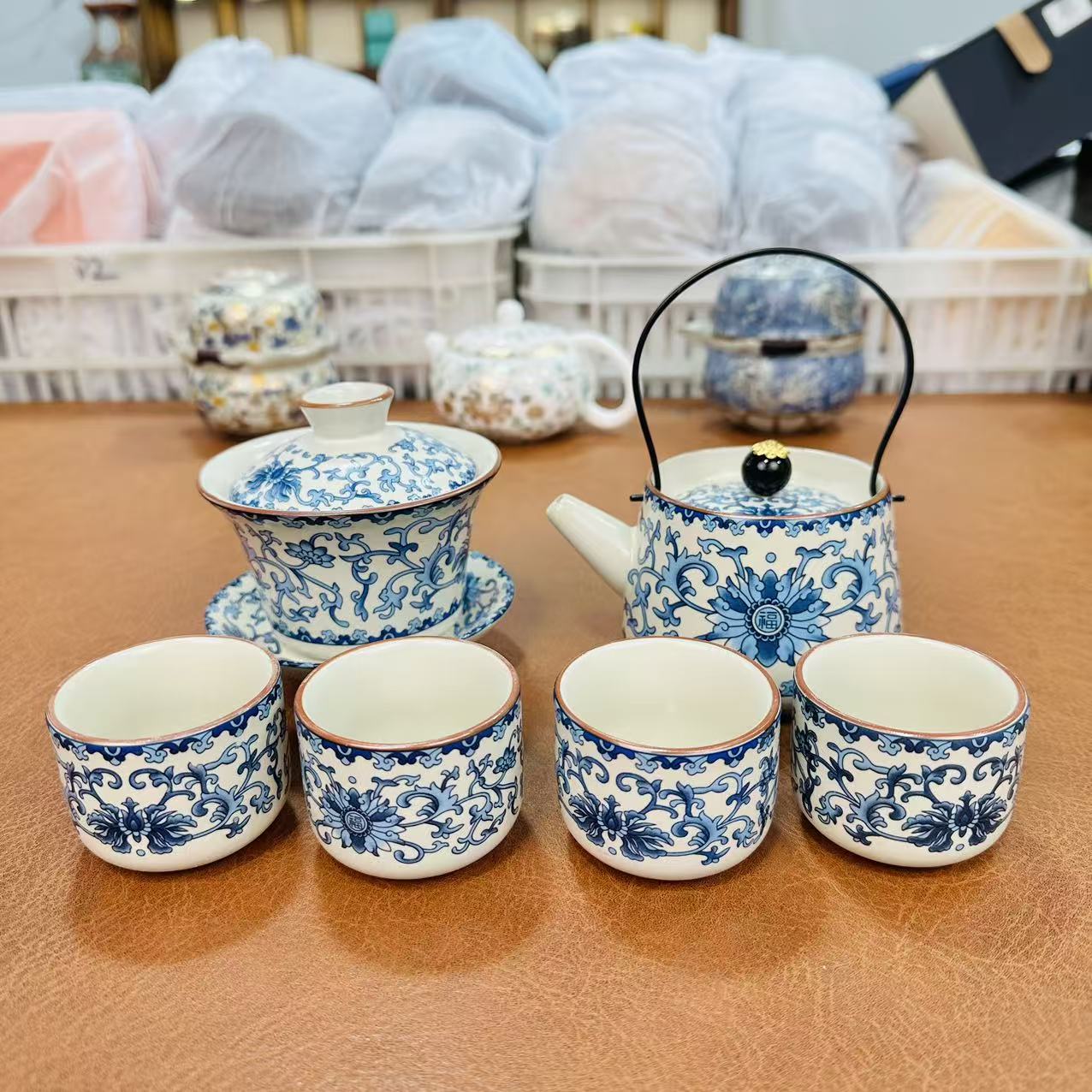 ZH4025-缠枝莲一壶四杯+盖碗茶具套装